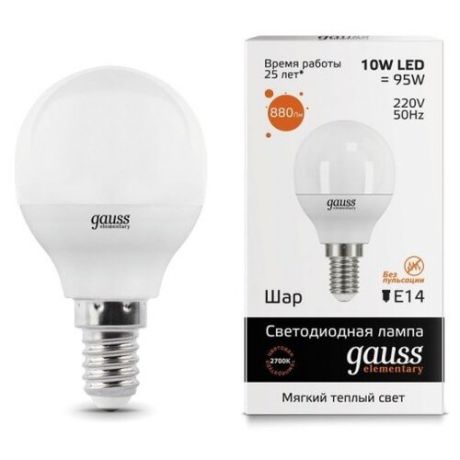 Лампа светодиодная gauss E14, G45, 10Вт