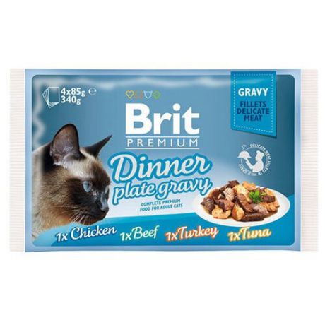 Корм для кошек Brit Premium Dinner Plate с курицей, с индейкой, с говядиной, с тунцом 4шт. х 85 г (кусочки в соусе)