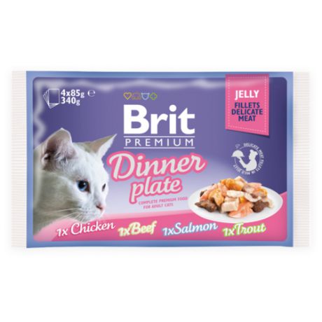 Корм для кошек Brit Premium Dinner Plate с курицей, с лососем, с говядиной, с форелью 4шт. х 85 г (кусочки в желе)