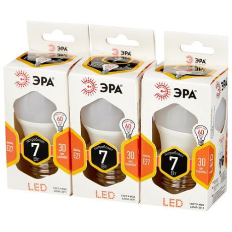 Упаковка светодиодных ламп 3 шт ЭРА E27, P45, 7Вт