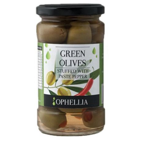 Ophellia Зеленые оливки фаршированные перцем, стеклянная банка 315 мл