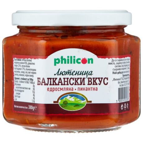 Лютеница Балканский вкус крупного помола пикантная Philicon стеклянная банка 380 мл