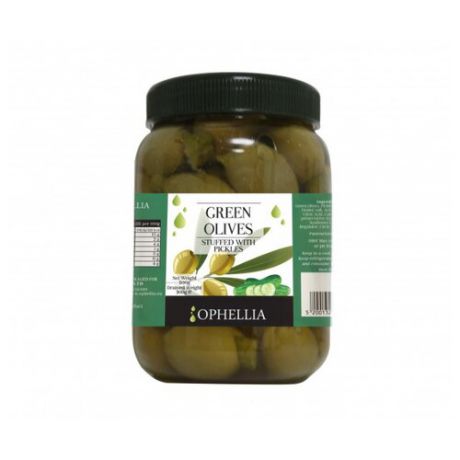 Ophellia Зеленые оливки фаршированные соленым огурцом, пластиковая банка 500 г