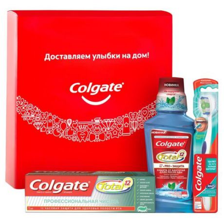 Набор средств Colgate Профессиональная чистка: гель Total Профессиональная чистка, 75 мл + зубная щётка 360 Суперчистота + ополаскиватель для полости рта Total Pro Защита Сильная мята, 250 мл, 3 шт.