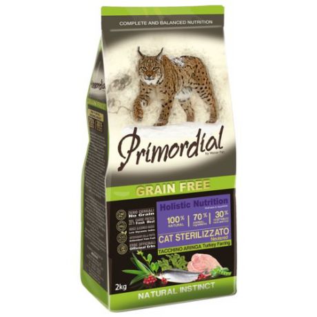 Корм для кошек Primordial (2 кг) Grain Free Cat Sterilizzato Turkey Farring