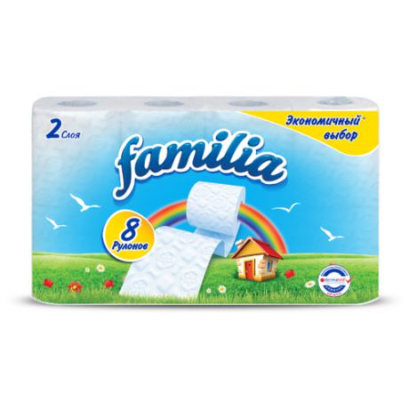 Туалетная бумага Familia Радуга белая двухслойная, 8 рул.