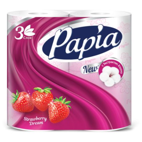 Туалетная бумага Papia Strawberry dream белая трёхслойная, 4 рул.