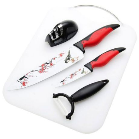 Набор MAYER & BOCH 2 ножа, овощечистка, точилка и разделочная доска 24112 белый / красный / черный / рисунок