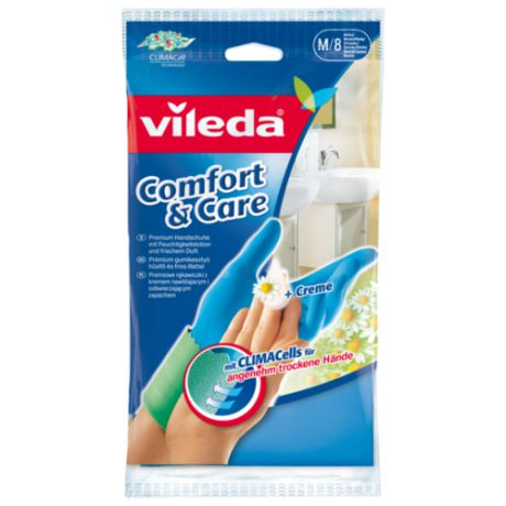 Перчатки Vileda Comfort & Care с кремом для чувствительной кожи, 1 пара, размер M, цвет голубой