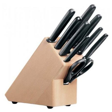Набор VICTORINOX Standart 6 ножей, вилка для разделки мяса, кухонные ножницы, мусат с подставкой черный/коричневый