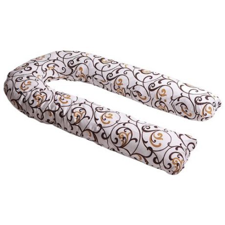 Подушка Body Pillow для беременных U холлофайбер, с наволочкой из хлопка бежевый в коричневыми вензелями