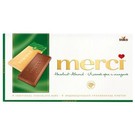 Шоколад Merci молочный порционный с лесным орехом и миндалем, 100 г