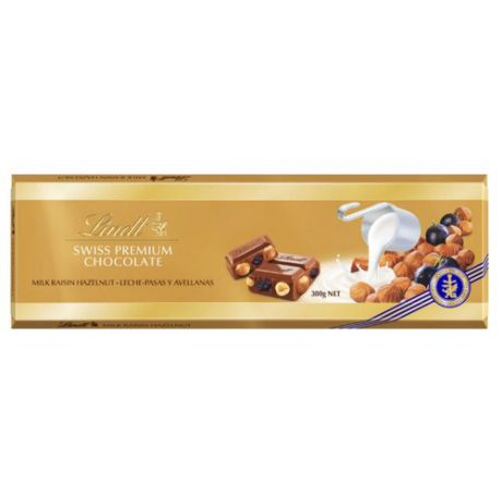 Шоколад Lindt Swiss premium молочный с фундуком и изюмом, 300 г