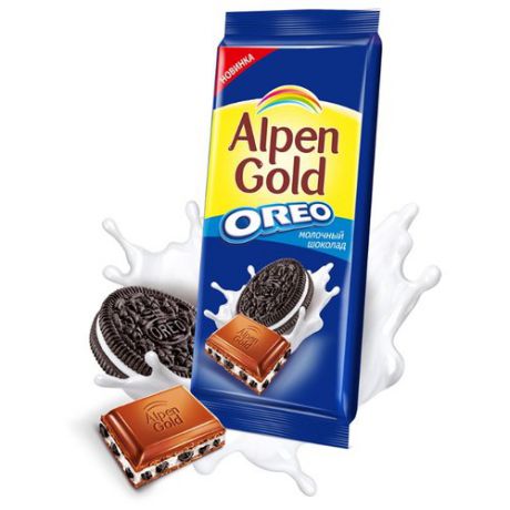 Шоколад Alpen Gold Oreo молочный с дробленым печеньем "Орео", 95 г