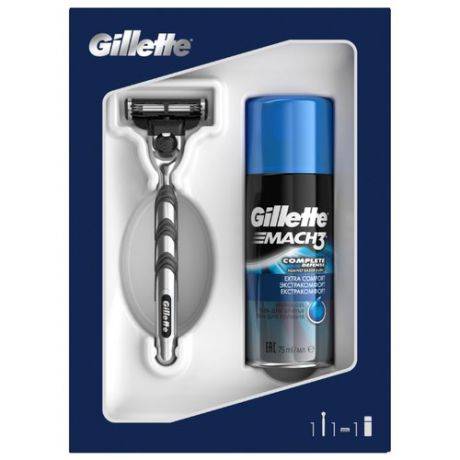 Подарочный набор Gillette: гель для бритья Extra Comfort 75 мл, бритвенный станок Mach3 + сменные кассеты – 1 шт.