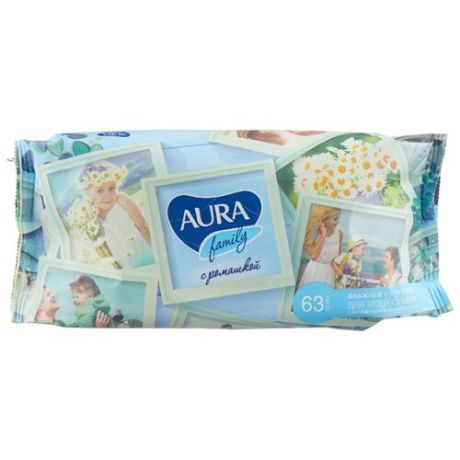 Влажные салфетки Aura Family антибактериальные с отваром ромашки 63 шт.