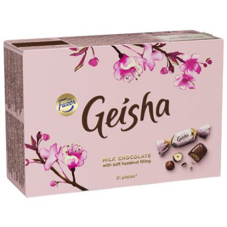 Набор конфет Fazer Geisha из молочного шоколада с нежной начинкой из орехового пралине из фундука 150 г розовый