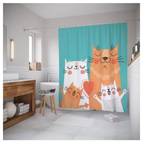 Штора для ванной JoyArty Веселая кошачья семья 180x200 зеленый/оранжевый