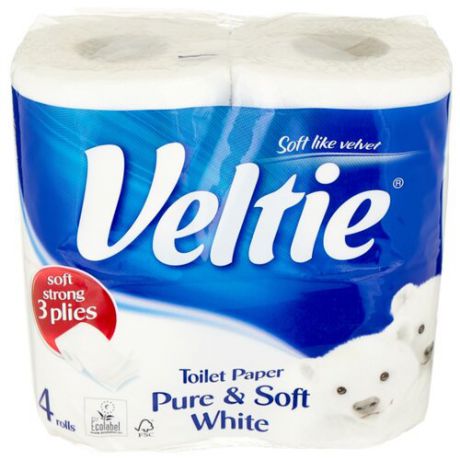 Туалетная бумага Veltie Pure & Soft White трехслойная, 4 рул.