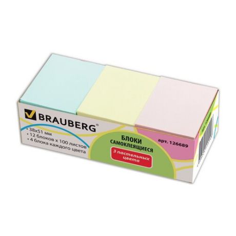 BRAUBERG Блоки самоклеящиеся 38х51 мм, 100 листов, комплект 12 блоков (126689) пастель