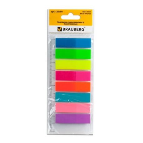 BRAUBERG Закладки клейкие Неоновые пластиковые, 4.5 х 1.2 см (126700) разноцветные