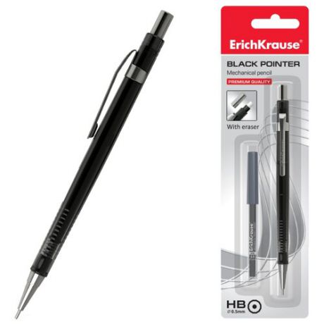 ErichKrause Механический карандаш Black Pointer со сменными грифелями HB, 0.5 мм, 20 шт. (блистер) черный