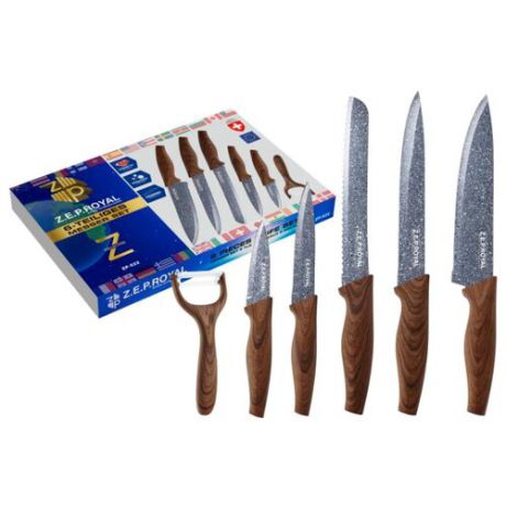 Набор Z.E.P. ROYAL 5 ножей и овощечистка ZP-522 коричневый/серый