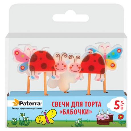 Paterra Свечи для торта Бабочки (5 шт.) красный/белый/желтый/голубой/розовый