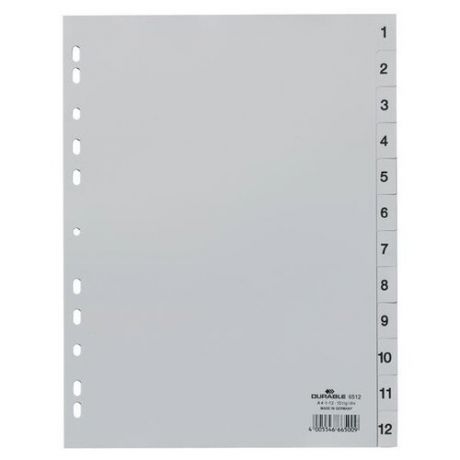 DURABLE Разделитель пластиковый А4, цифровой 1-12 серый
