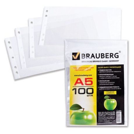 BRAUBERG Папки-файлы Яблоко А5 горизонтальные, комплект 100 штук прозрачный