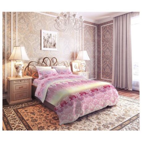 Постельное белье 2-спальное с евро простыней Текстильная симфония Серебряные нити, бязь розовый