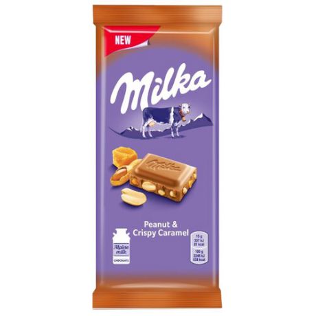 Шоколад Milka Peanut & Crispy Caramel молочный с арахисом, кусочками хрустящей карамели, рисовыми шариками и кукурузными хлопьями, 90 г