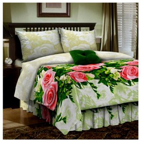 Постельное белье семейное Диана-Текс Розы 70х70 см, бязь зеленый/розовый