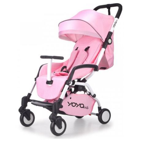 Прогулочная коляска Yoya X6 (бамбук. коврик, дожд., москит., сумка-чехол, ремень, бампер Т-образный, корзина д/пок) розовый/белая рама, цвет шасси: белый