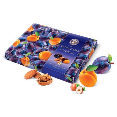 Набор конфет Микаелло Чернослив и абрикос в шоколадной глазури с орехами 220 г синий