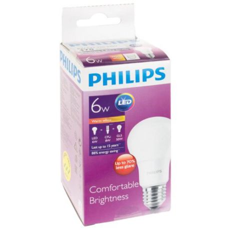 Лампа светодиодная Philips E27, A60, 6Вт