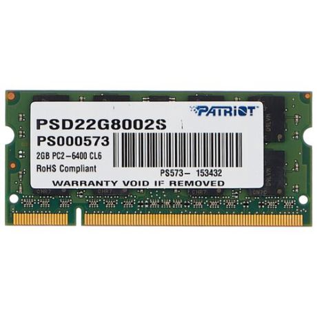 Оперативная память Patriot Memory DDR2 800 (PC 6400) SODIMM 200 pin, 2 ГБ 1 шт. 1.8 В, CL 6, PSD22G8002S