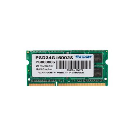 Оперативная память Patriot Memory DDR3 1600 (PC 12800) SODIMM 204 pin, 4 ГБ 1 шт. 1.5 В, CL 11, PSD34G16002S