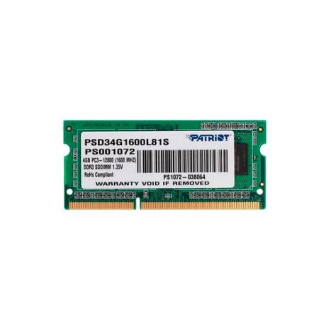 Оперативная память Patriot Memory DDR3L 1600 (PC 12800) SODIMM 204 pin, 4 ГБ 1 шт. 1.35 В, CL 11, PSD34G1600L81S