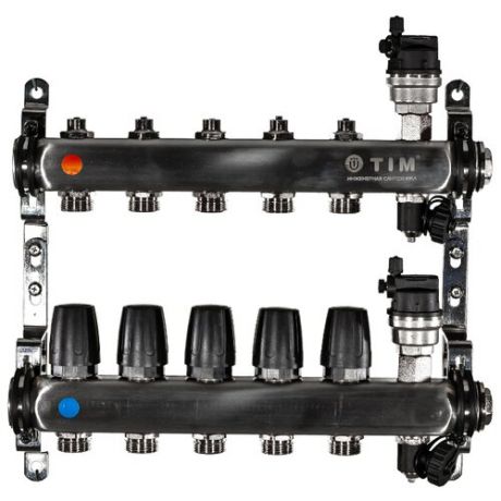 Коллекторная группа Tim (KBS5005) 1" ВР-ВР, 5 отводов 3/4", воздухоотводчик, сливной кран