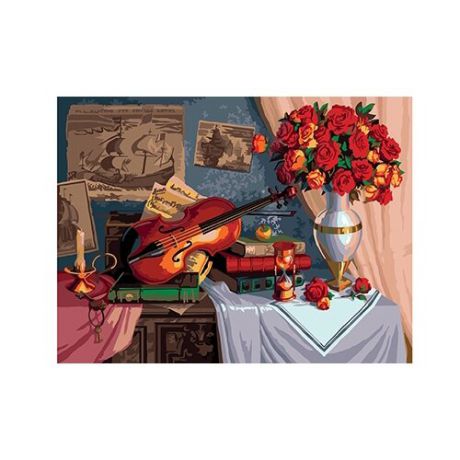 Рыжий кот Картина по номерам "Натюрморт со скрипкой и розами" 30х40 см (Х-0400)