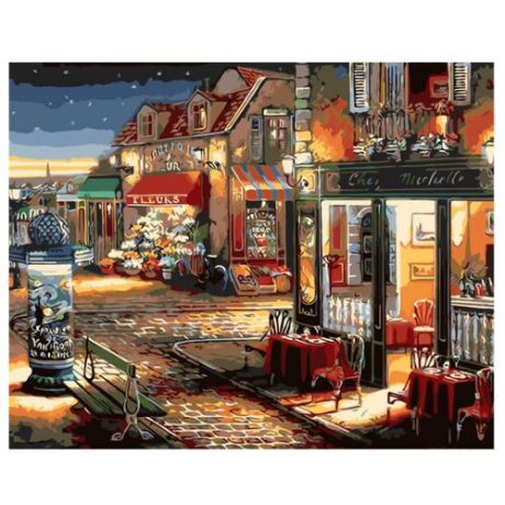 Рыжий кот Картина по номерам "Вечерняя улочка с кафе" 40х50 см (AWD042)