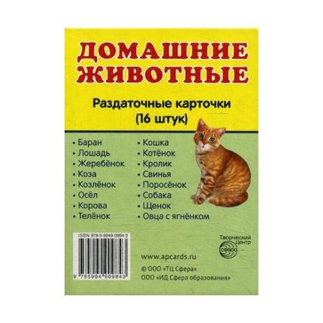 Домашние животные. 16 раздаточных карточек с текстом на русском и английском языках