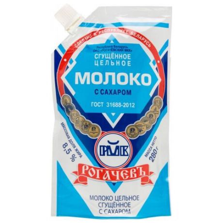 Сгущенное молоко Рогачевский молочноконсервный комбинат цельное с сахаром 8.5%, 280 г
