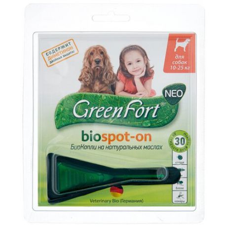 Капли от блох и клещей GreenFort Neo Biospot-on для собак и щенков от 10 до 25 кг