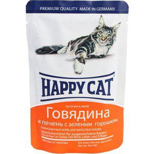 Паучи Happy Cat Говядина и печень с зеленым горошком кусочки в желе для взрослых кошек 100г (1002311)