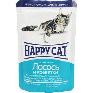 Паучи Happy Cat Лосось и креветки кусочки в желе для взрослых кошек 100г (1002310)