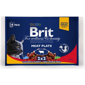 Паучи Brit Premium Cat Meat Plate мясная тарелка говядина с горошком и курица с индейкой для кошек набор 4шт*100г (100312)