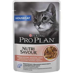 Паучи PRO PLAN Nutri Savour House Cat Pieces with Salmon in Gravy кусочки в соусе с лососем для домашних кошек 85г (12249425)