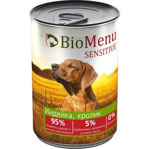 Консервы BioMenu Sensitive Индейка, кролик 95% индейка, кролик и мясные компоненты для собак 410г